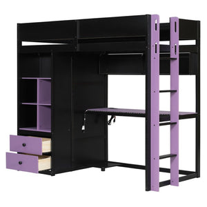 English Elm Twin Loft Bed with Built-In Desk Wardrobe Storage and RGB LED Smart Lighting Twin Black+Purple LT000439AAI