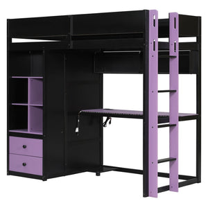 English Elm Twin Loft Bed with Built-In Desk Wardrobe Storage and RGB LED Smart Lighting Twin Black+Purple LT000439AAI