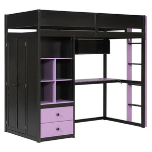 English Elm Twin Loft Bed with Built-In Desk Wardrobe Storage and RGB LED Smart Lighting Twin Black+Purple LT000439AAI