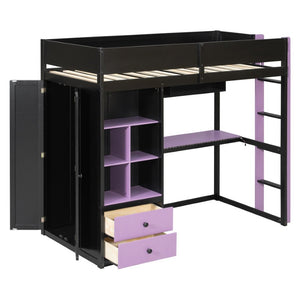 English Elm Twin Loft Bed with Built-In Desk Wardrobe Storage and RGB LED Smart Lighting Twin Black+Purple LT000439AAI