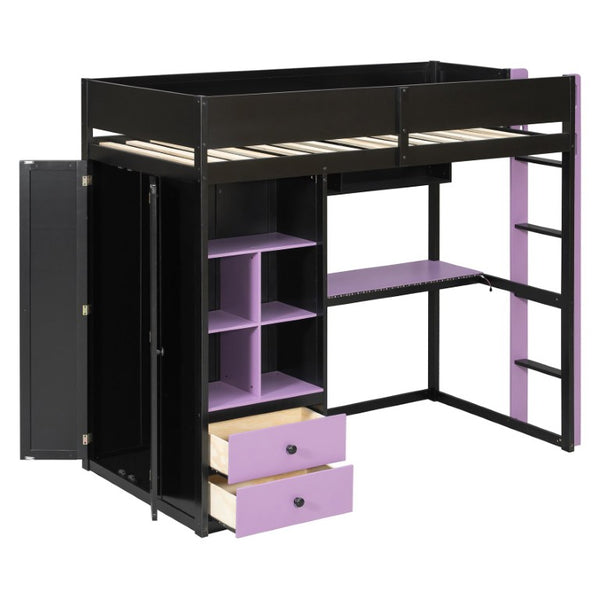 English Elm Twin Loft Bed with Built-In Desk Wardrobe Storage and RGB LED Smart Lighting Twin Black+Purple LT000439AAI