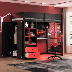 English Elm Full Size Kids Playhouse Loft Bed with Slide Storage Shelves and Sturdy Guardrails Black+Red LT000439AAJ