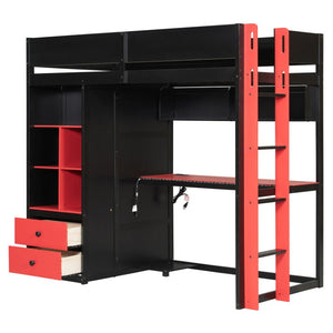English Elm Full Size Kids Playhouse Loft Bed with Slide Storage Shelves and Sturdy Guardrails Black+Red LT000439AAJ
