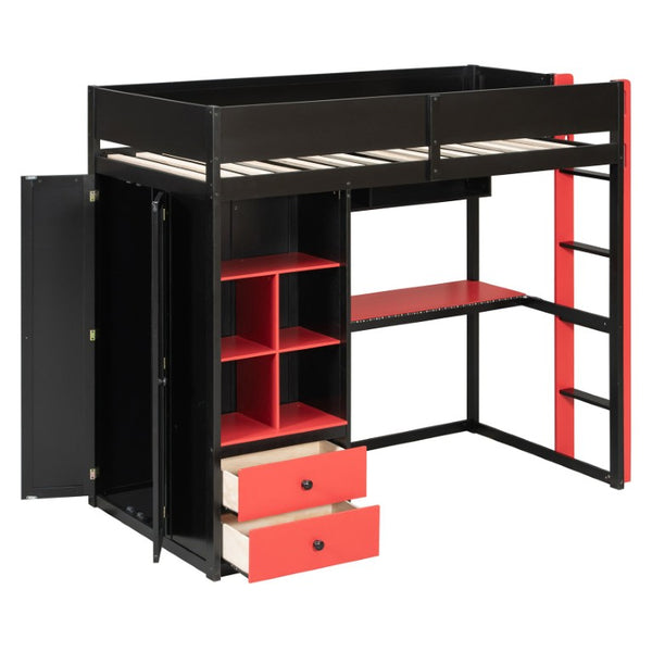 English Elm Full Size Kids Playhouse Loft Bed with Slide Storage Shelves and Sturdy Guardrails Black+Red LT000439AAJ