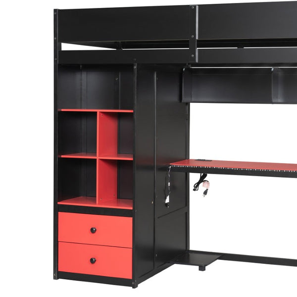 English Elm Full Size Kids Playhouse Loft Bed with Slide Storage Shelves and Sturdy Guardrails Black+Red LT000439AAJ