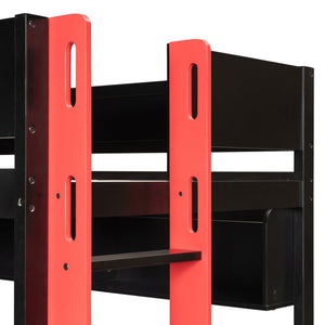 English Elm Full Size Kids Playhouse Loft Bed with Slide Storage Shelves and Sturdy Guardrails Black+Red LT000439AAJ