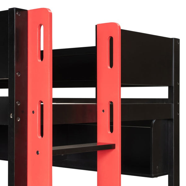 English Elm Full Size Kids Playhouse Loft Bed with Slide Storage Shelves and Sturdy Guardrails Black+Red LT000439AAJ