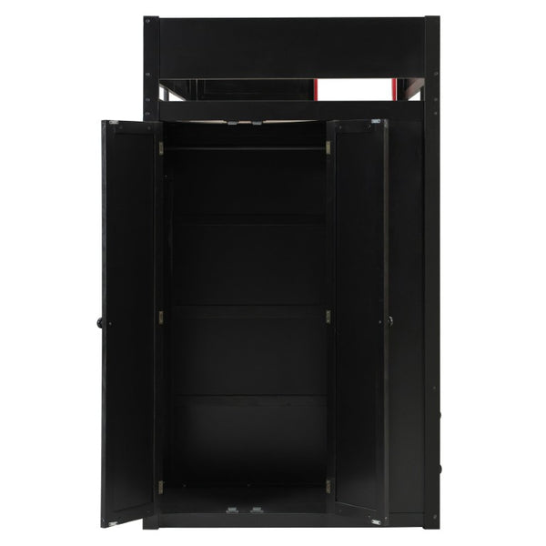 English Elm Full Size Kids Playhouse Loft Bed with Slide Storage Shelves and Sturdy Guardrails Black+Red LT000439AAJ