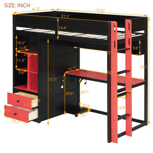 English Elm Full Size Kids Playhouse Loft Bed with Slide Storage Shelves and Sturdy Guardrails Black+Red LT000439AAJ