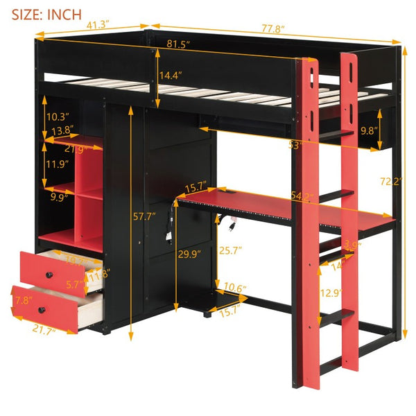 English Elm Full Size Kids Playhouse Loft Bed with Slide Storage Shelves and Sturdy Guardrails Black+Red LT000439AAJ
