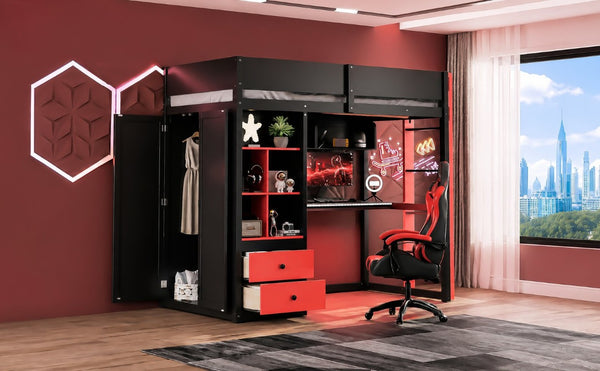 English Elm Full Size Kids Playhouse Loft Bed with Slide Storage Shelves and Sturdy Guardrails Black+Red LT000439AAJ