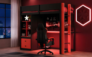English Elm Full Size Kids Playhouse Loft Bed with Slide Storage Shelves and Sturdy Guardrails Black+Red LT000439AAJ