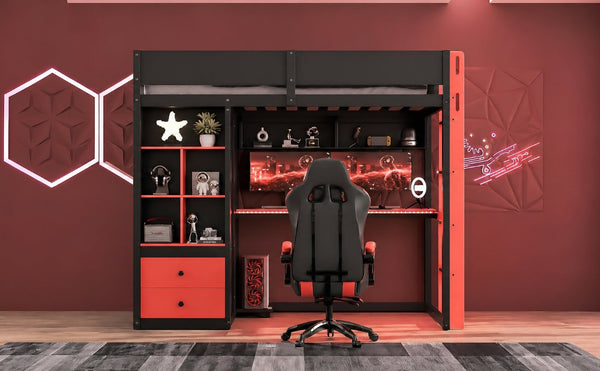 English Elm Full Size Kids Playhouse Loft Bed with Slide Storage Shelves and Sturdy Guardrails Black+Red LT000439AAJ