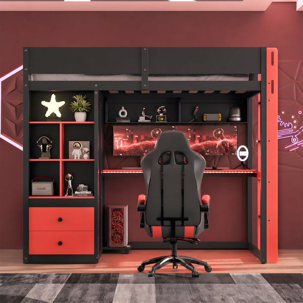 English Elm Full Size Kids Playhouse Loft Bed with Slide Storage Shelves and Sturdy Guardrails Black+Red LT000439AAJ