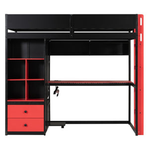 English Elm Full Size Kids Playhouse Loft Bed with Slide Storage Shelves and Sturdy Guardrails Black+Red LT000439AAJ