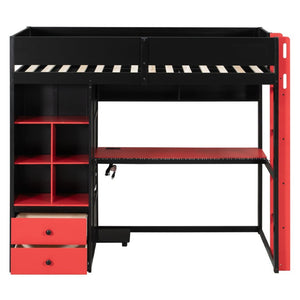 English Elm Full Size Kids Playhouse Loft Bed with Slide Storage Shelves and Sturdy Guardrails Black+Red LT000439AAJ