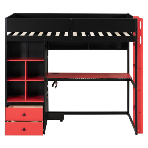 English Elm Full Size Kids Playhouse Loft Bed with Slide Storage Shelves and Sturdy Guardrails Black+Red LT000439AAJ
