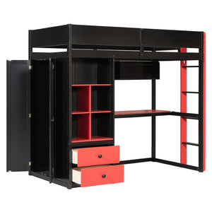 English Elm Full Size Kids Playhouse Loft Bed with Slide Storage Shelves and Sturdy Guardrails Black+Red LT000439AAJ