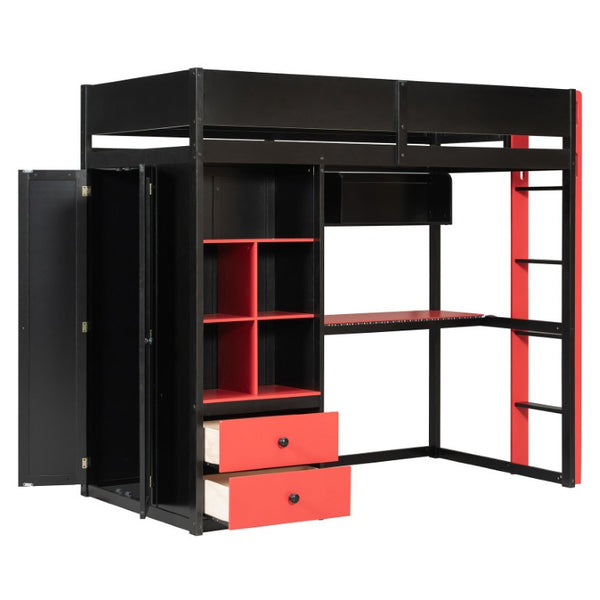 English Elm Full Size Kids Playhouse Loft Bed with Slide Storage Shelves and Sturdy Guardrails Black+Red LT000439AAJ