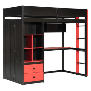 English Elm Full Size Kids Playhouse Loft Bed with Slide Storage Shelves and Sturdy Guardrails Black+Red LT000439AAJ