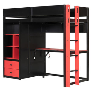 English Elm Full Size Kids Playhouse Loft Bed with Slide Storage Shelves and Sturdy Guardrails Black+Red LT000439AAJ