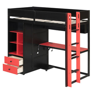 English Elm Full Size Kids Playhouse Loft Bed with Slide Storage Shelves and Sturdy Guardrails Black+Red LT000439AAJ