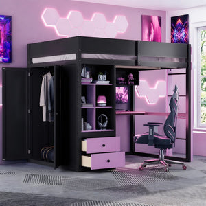 English Elm Twin Loft Bed with Built-In Desk Wardrobe Storage and RGB LED Smart Lighting Full Black+Purple LT000440AAI
