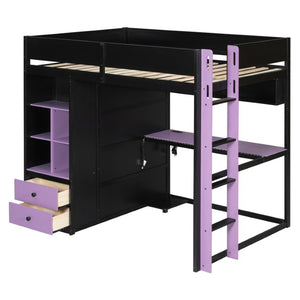 English Elm Twin Loft Bed with Built-In Desk Wardrobe Storage and RGB LED Smart Lighting Full Black+Purple LT000440AAI