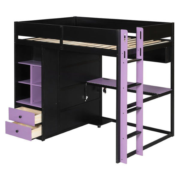 English Elm Twin Loft Bed with Built-In Desk Wardrobe Storage and RGB LED Smart Lighting Full Black+Purple LT000440AAI