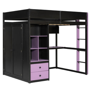 English Elm Twin Loft Bed with Built-In Desk Wardrobe Storage and RGB LED Smart Lighting Full Black+Purple LT000440AAI