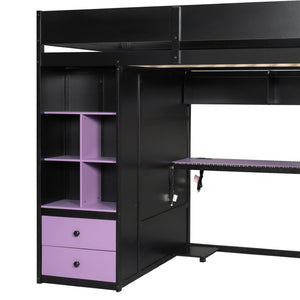English Elm Twin Loft Bed with Built-In Desk Wardrobe Storage and RGB LED Smart Lighting Full Black+Purple LT000440AAI