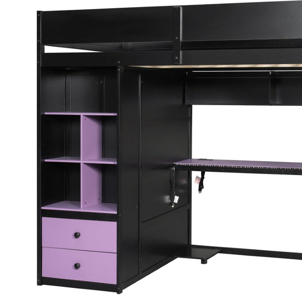 English Elm Twin Loft Bed with Built-In Desk Wardrobe Storage and RGB LED Smart Lighting Full Black+Purple LT000440AAI
