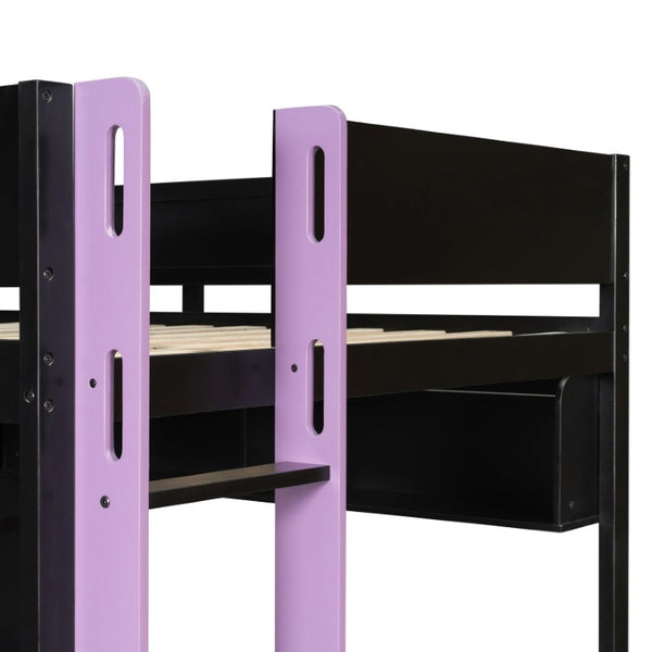 English Elm Twin Loft Bed with Built-In Desk Wardrobe Storage and RGB LED Smart Lighting Full Black+Purple LT000440AAI