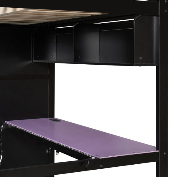 English Elm Twin Loft Bed with Built-In Desk Wardrobe Storage and RGB LED Smart Lighting Full Black+Purple LT000440AAI
