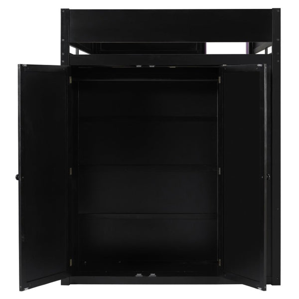 English Elm Twin Loft Bed with Built-In Desk Wardrobe Storage and RGB LED Smart Lighting Full Black+Purple LT000440AAI