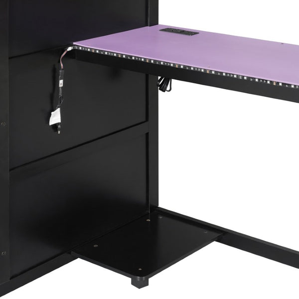 English Elm Twin Loft Bed with Built-In Desk Wardrobe Storage and RGB LED Smart Lighting Full Black+Purple LT000440AAI