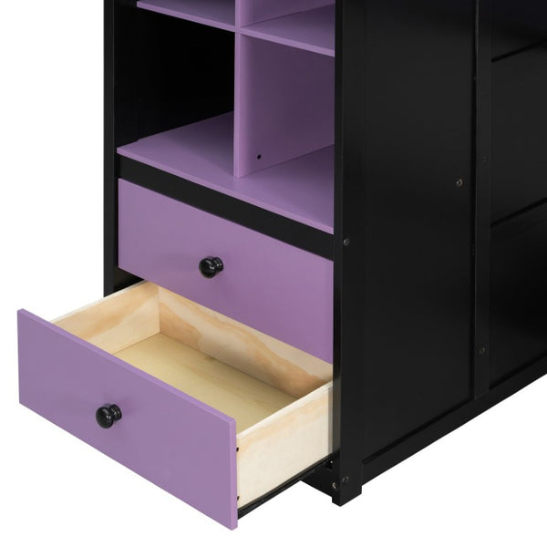 English Elm Twin Loft Bed with Built-In Desk Wardrobe Storage and RGB LED Smart Lighting Full Black+Purple LT000440AAI