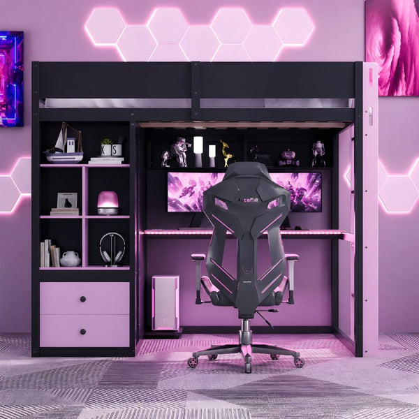 English Elm Twin Loft Bed with Built-In Desk Wardrobe Storage and RGB LED Smart Lighting Full Black+Purple LT000440AAI