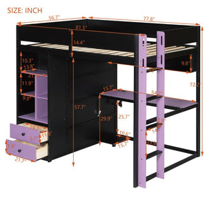 English Elm Twin Loft Bed with Built-In Desk Wardrobe Storage and RGB LED Smart Lighting Full Black+Purple LT000440AAI