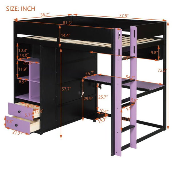 English Elm Twin Loft Bed with Built-In Desk Wardrobe Storage and RGB LED Smart Lighting Full Black+Purple LT000440AAI