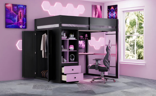 English Elm Twin Loft Bed with Built-In Desk Wardrobe Storage and RGB LED Smart Lighting Full Black+Purple LT000440AAI