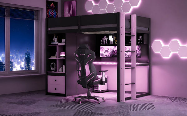 English Elm Twin Loft Bed with Built-In Desk Wardrobe Storage and RGB LED Smart Lighting Full Black+Purple LT000440AAI