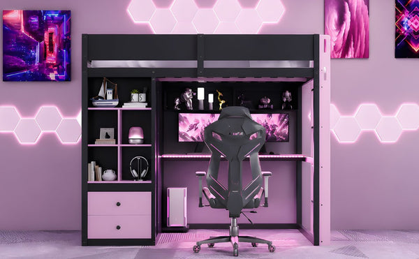 English Elm Twin Loft Bed with Built-In Desk Wardrobe Storage and RGB LED Smart Lighting Full Black+Purple LT000440AAI