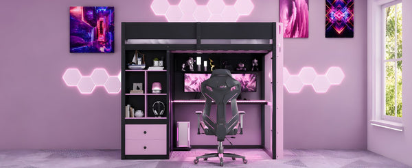 English Elm Twin Loft Bed with Built-In Desk Wardrobe Storage and RGB LED Smart Lighting Full Black+Purple LT000440AAI