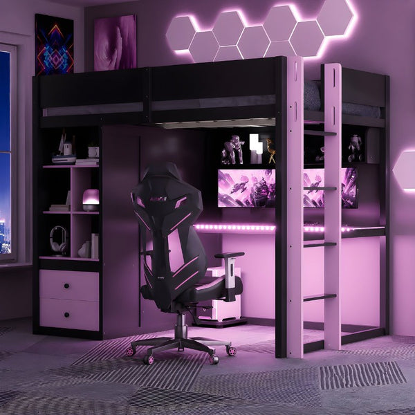 English Elm Twin Loft Bed with Built-In Desk Wardrobe Storage and RGB LED Smart Lighting Full Black+Purple LT000440AAI