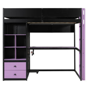 English Elm Twin Loft Bed with Built-In Desk Wardrobe Storage and RGB LED Smart Lighting Full Black+Purple LT000440AAI