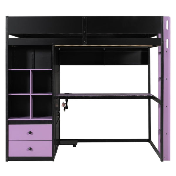 English Elm Twin Loft Bed with Built-In Desk Wardrobe Storage and RGB LED Smart Lighting Full Black+Purple LT000440AAI