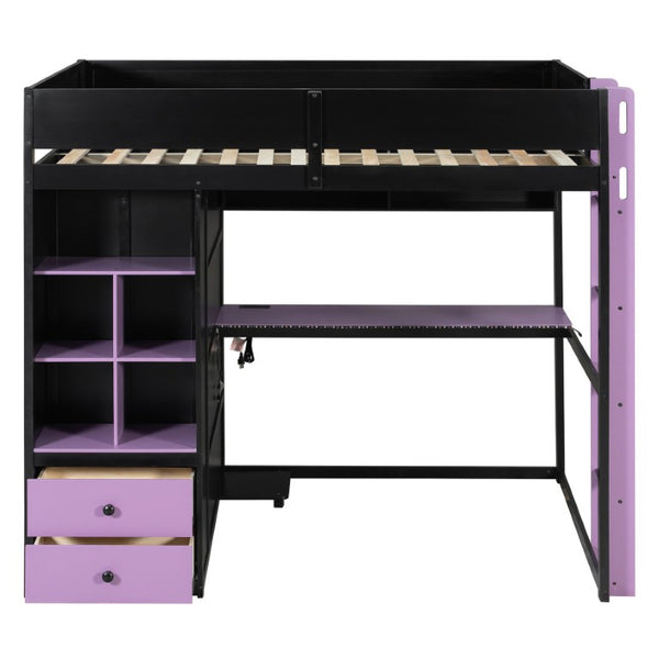 English Elm Twin Loft Bed with Built-In Desk Wardrobe Storage and RGB LED Smart Lighting Full Black+Purple LT000440AAI