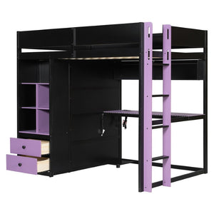 English Elm Twin Loft Bed with Built-In Desk Wardrobe Storage and RGB LED Smart Lighting Full Black+Purple LT000440AAI
