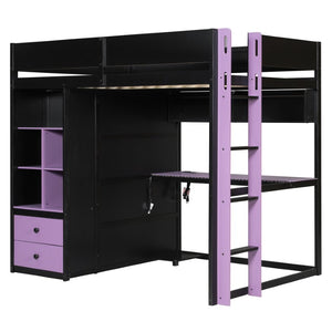 English Elm Twin Loft Bed with Built-In Desk Wardrobe Storage and RGB LED Smart Lighting Full Black+Purple LT000440AAI